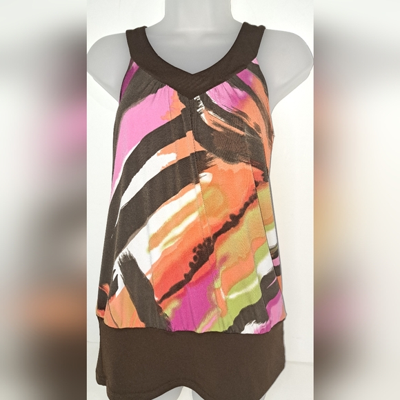 IZ BYER Women's Sleeveless V Neck Top Brown Multi-Color Abstract Design Medium - Picture 6 of 12